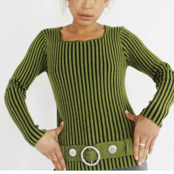 ALISON SHERI* faux belt y2k long sleeve ribbed striped grey/black round neck - Picture 11 of 12